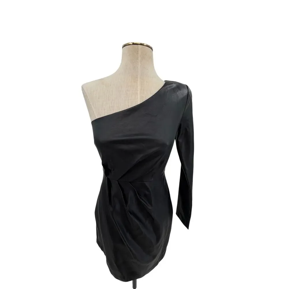 NBD Senia One Shoulder Faux Leather Mini Dress Black Long Sleeve XXS NWT